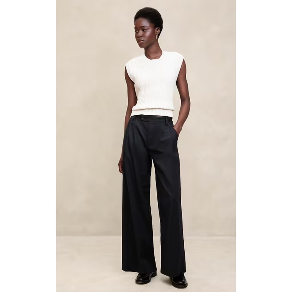 Banana Republic Linen-Blend Wide-Leg‎ Pleated Trouser Black High-Rise Size 12